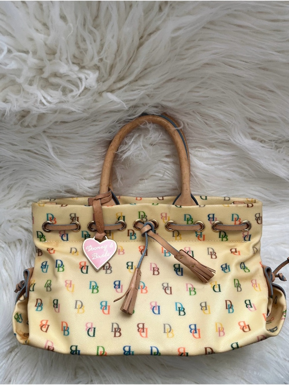 y2k Mini Dooney & Bourke Cream Multicolor DB Logo Tote with Tan Trim